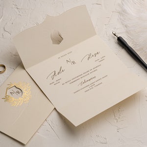 Gold Foil Floral Botanical  Flap Folded Modern Cream Beige Wedding Invitation Card, Minimal Luxury Invite, Printed