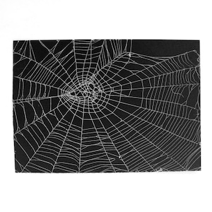 May include: A rectangular print featuring a high-contrast graphic design of a white spider web against a solid black background. The web pattern consists of fine, intersecting radial and circular lines that extend across the entire surface.