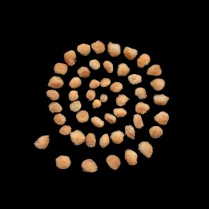 May include: A collection of small, light beige, fuzzy, spherical pom-poms arranged in a spiral pattern against a solid black background. The individual pom-poms are uniform in colour and texture, creating a circular, swirling visual effect.