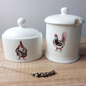 Elegant country style Chicken Conserve Jar Dry good container Sugar bowl pot designed by Caroline Walker - Set of 2 Black and White pots