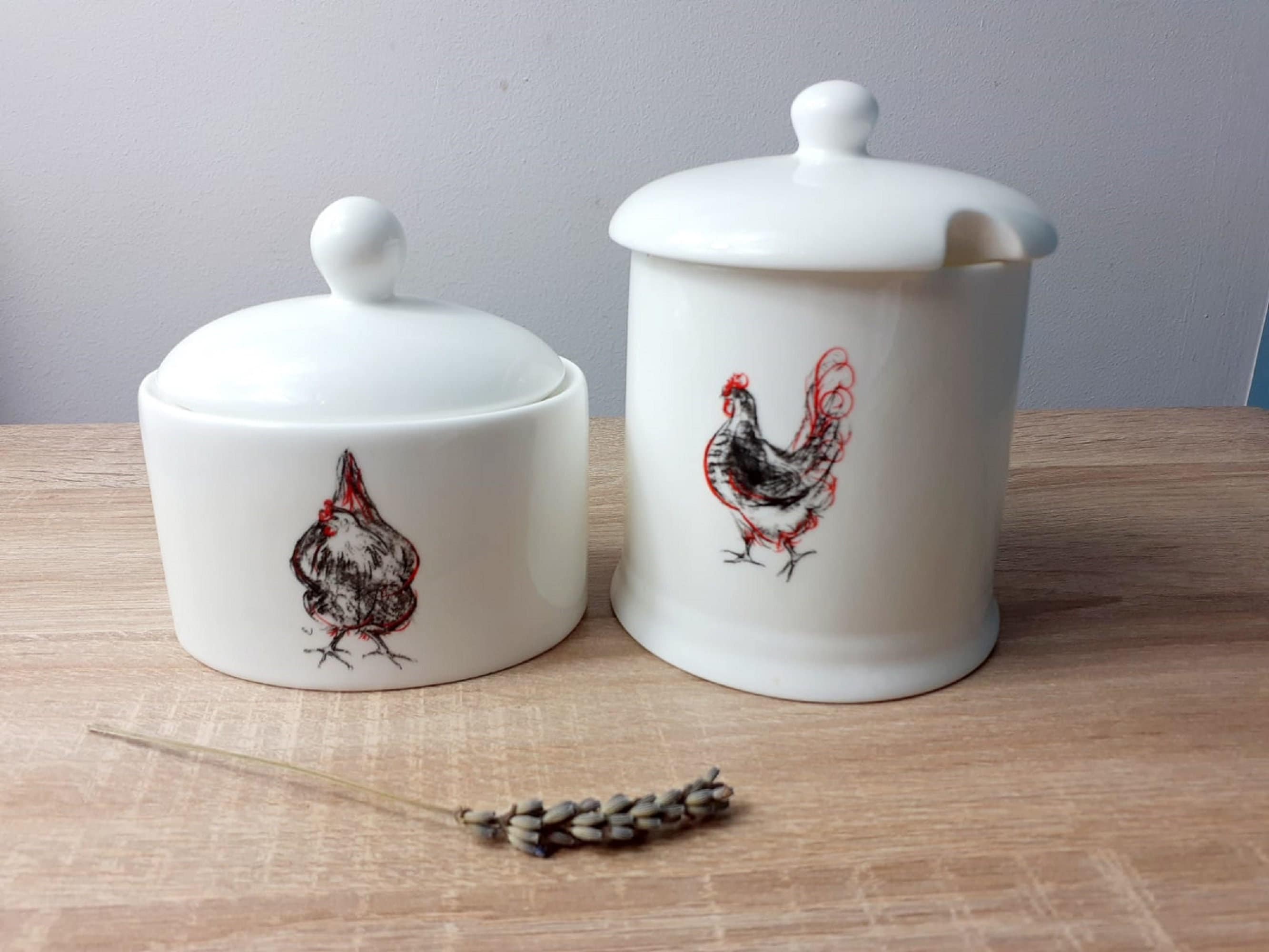 Elegant country style Chicken Conserve Jar Dry good container Sugar bowl pot designed by Caroline Walker - Set of 2 Black and White pots