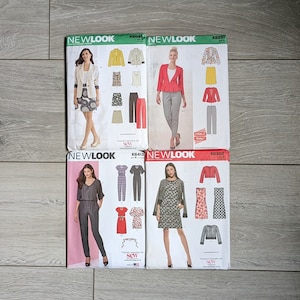 Könnte beinhalten: Vier Schnittmusterpackungen von New Look. Jede Packung zeigt eine Frau, die ein Kleidungsstück modelliert, mit Illustrationen der enthaltenen Designs. Die Packungen sind mit dem New Look-Logo und den Modellnummern versehen.