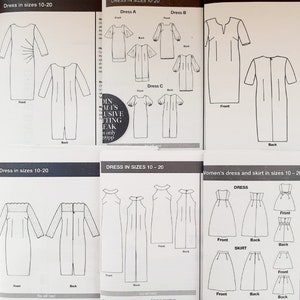 Könnte beinhalten: Ein Nähmusterheft mit Illustrationen verschiedener Kleidungsdesigns. Das Heft enthält Anleitungen zum Nähen von Kleidern in den Größen 10-20. Der Text auf dem Umschlag lautet "Dress in sizes 10-20".