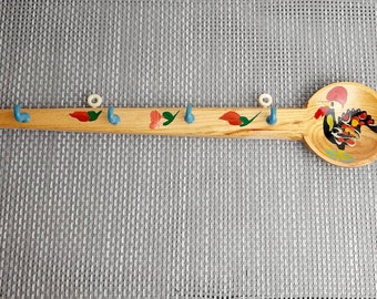 Vintage Kitchen Towel Hook – Wooden Spoon with Rooster, Utensil Hanger