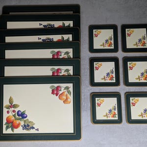 Set of Vintage Cloverleaf Hard Placemats and Coasters featuring Fresh Fruit design vintage Table mats Coasters