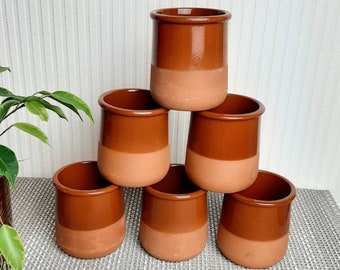 Set of six Cermer glazed terracota yoghurt pots Pottery Ramekin Pots- Eco Friendly Rustic Style - Oven Freezer Safe