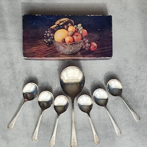 Conjunto de colheres de frutas banhadas a prata vintage EPNS A1 - Colheres de sopa - Talheres banhados a prata vintage - conjunto de jantar - Design floral