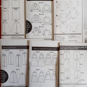 May include: A sewing pattern booklet with instructions and diagrams for making blouses, tops, skirts, shorts, and camisoles. The patterns are for sizes 10-20 and 2-8.
