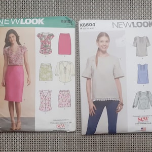 May include: Two sewing patterns from New Look. The pattern on the left is K6107 and features a blouse and skirt. The pattern on the right is K6604 and features a blouse with a lace trim.
