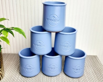 Six French LA FERMIERE glazed terracotta pottery planter - Glue-free - yogurt pots Periwinkle lavander blue ceramic pots - French pottery