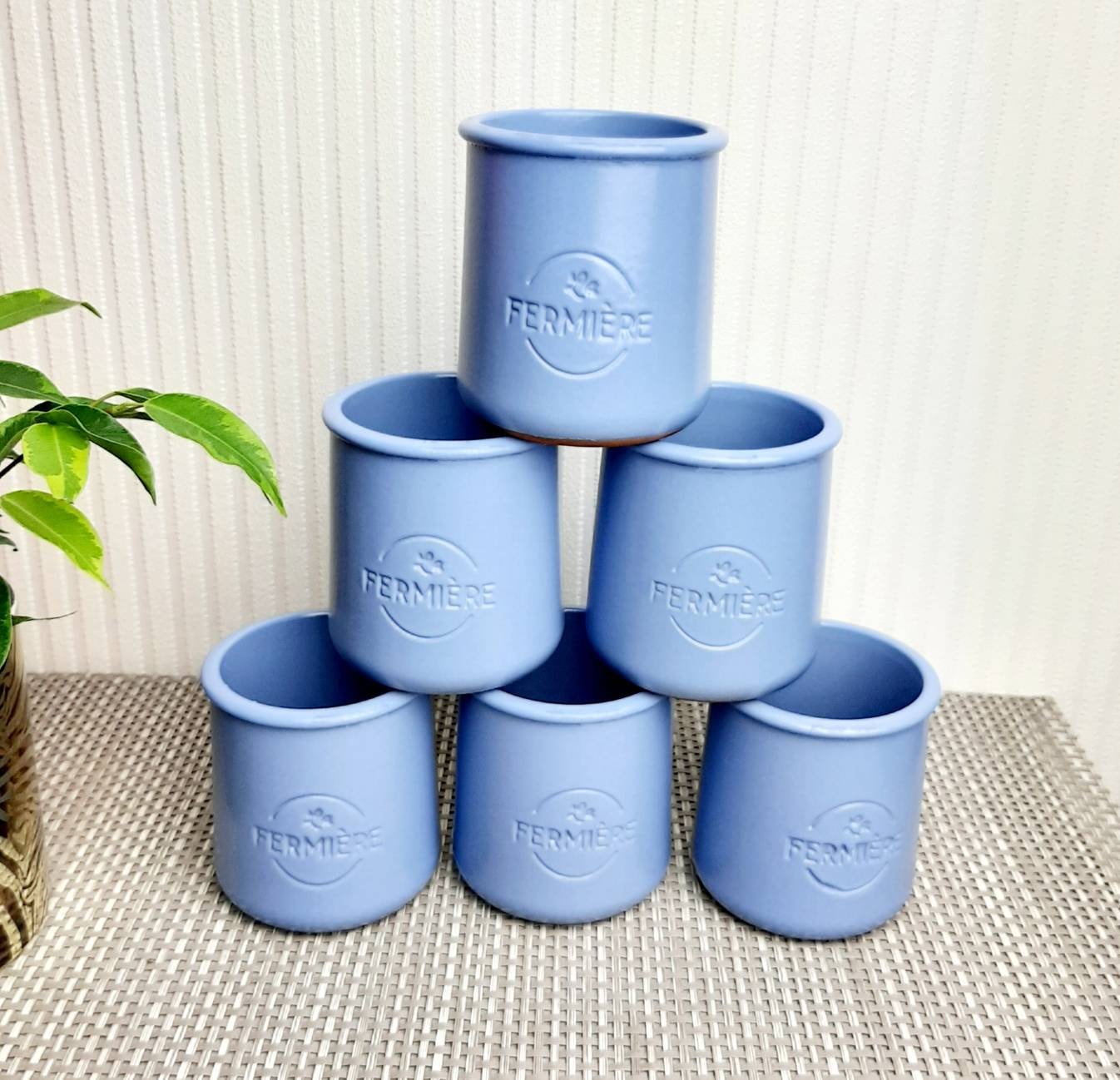 Six Millésimes Français La Fermiere Potier en Poterie Émaillée Pots de Yaourt Lavande Pervenche Céra