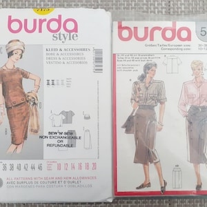 Puede incluir: Dos sobres de patrones de costura de Burda Style. El primer sobre muestra a una mujer con un vestido y una falda marrones. El segundo sobre muestra a dos mujeres con blusas y faldas. El texto en los sobres dice "Burda Style" y "Sew 'N' Sew No intercambiable o reembolsable".
