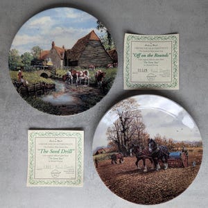 The FARM YEAR Porcelain Plates by Michael Herring, Danbury Mint, Wedgwood The Seed Drill, Off on the Rounds, Collectible