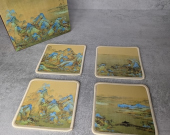 Stunning Silk Coasters with Chinese landscape painting design and non slip suede back