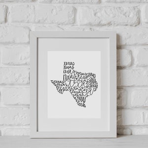 Texas State Cursive Lettered Print- State Silhouette Collection, TX USA ...