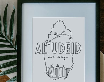 Al Udeid Air Base Print Framed, Unframed - Military Digital Illustration Gift, AF Base, Qatar Poster, Duty Station Wall, Deployment Gift