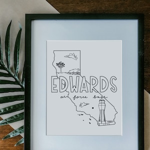 Edwards Air Force Base Print Framed, Unframed - Military Base Illustration Poster, Gift, AFB Sign, Duty Station Wall, California Drawing