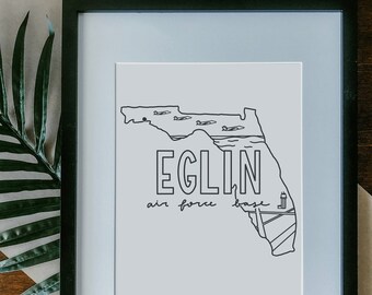 Eglin Air Force Base Print Framed, Unframed - Military Base Illustration Poster, Military Gift, AFB Sign, Duty Station Wall, Florida Drawing