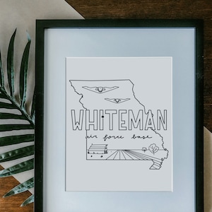 Whiteman Air Force Base Print Framed, Unframed - Military Illustration Poster, Military Gift, AFB Sign, Duty Station Wall, Missouri Drawing