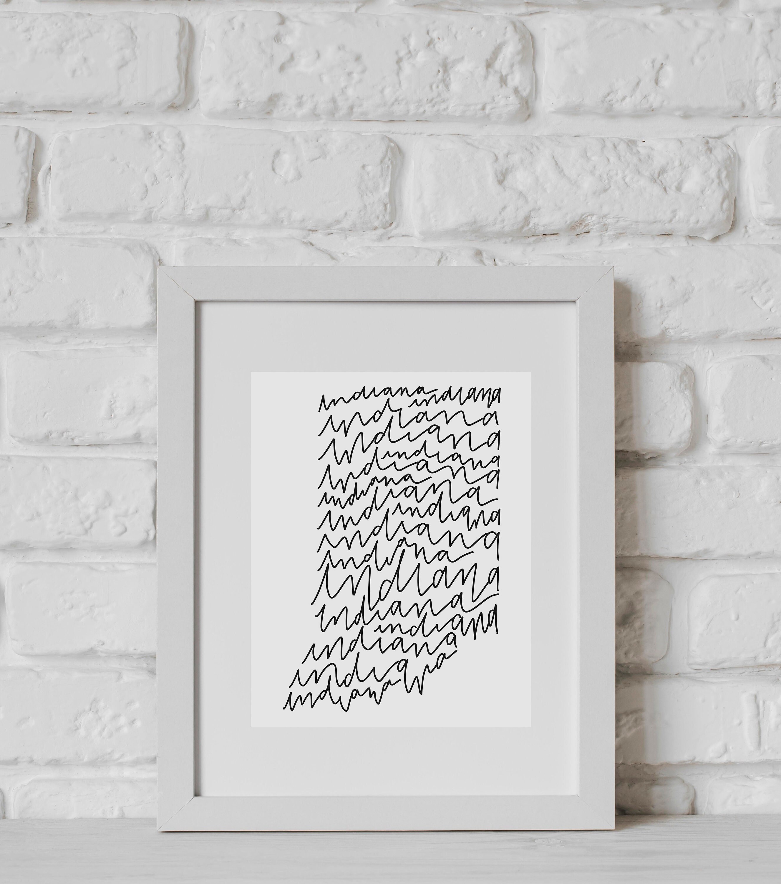 Indiana State Cursive Lettered Print - State Silhouette Collection, IN ...