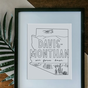 Davis-Monthan Air Force Base Print Framed, Unframed - Military Illustration Poster Gift, AF Training Sign Duty Station Wall, Arizona Drawing