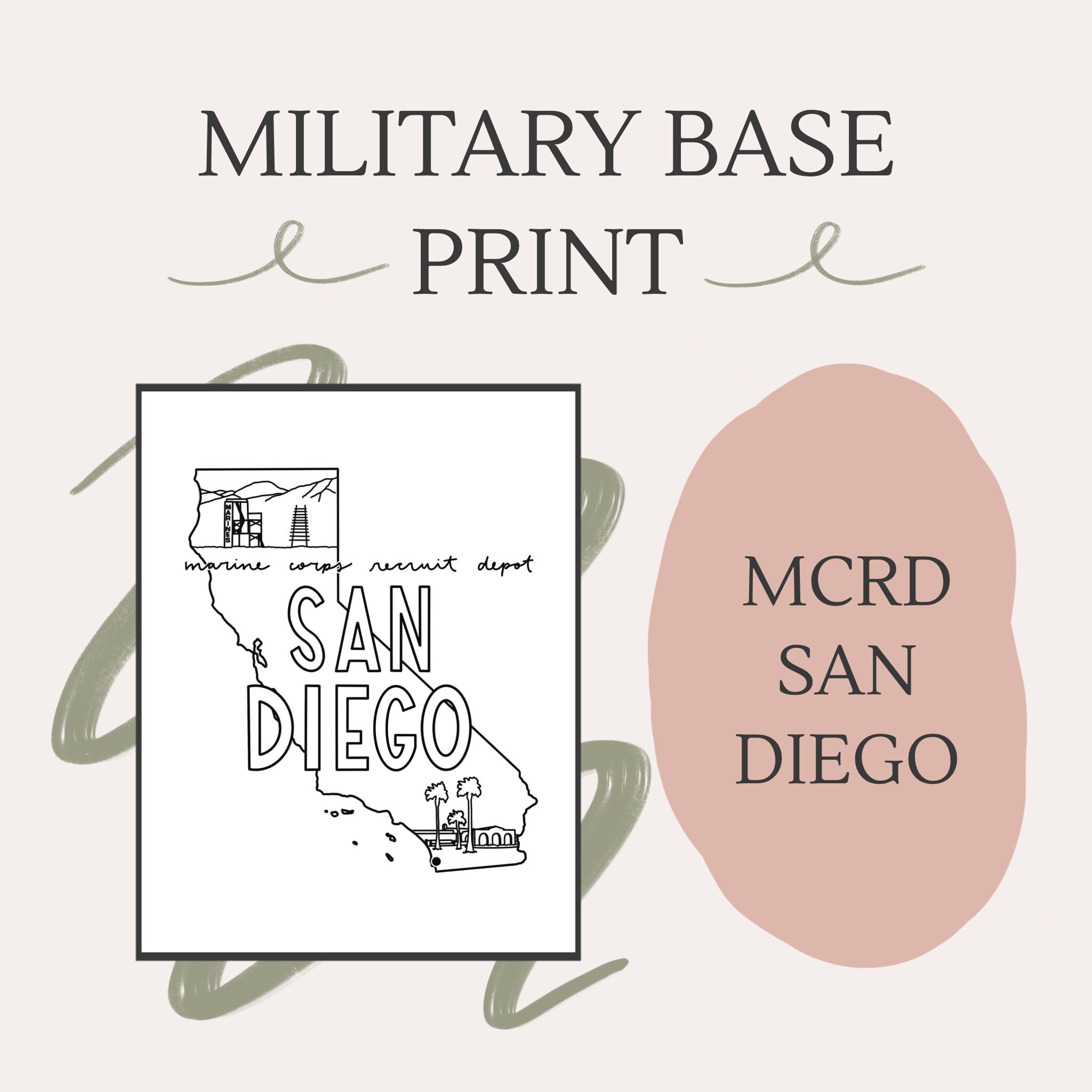 MCRD San Diego Print Unframed Military Base Illustration Poster, Gift, Marine Corps Recruiting ...
