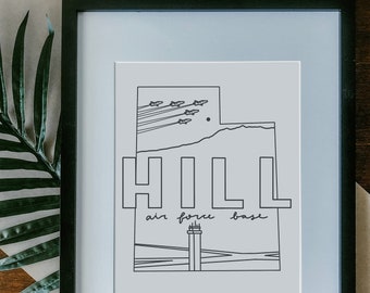 Hill Air Force Base Print Framed, Unframed - Military Base Illustration Poster, Military Gift, AF Base Sign, Duty Station Wall, Utah Drawing