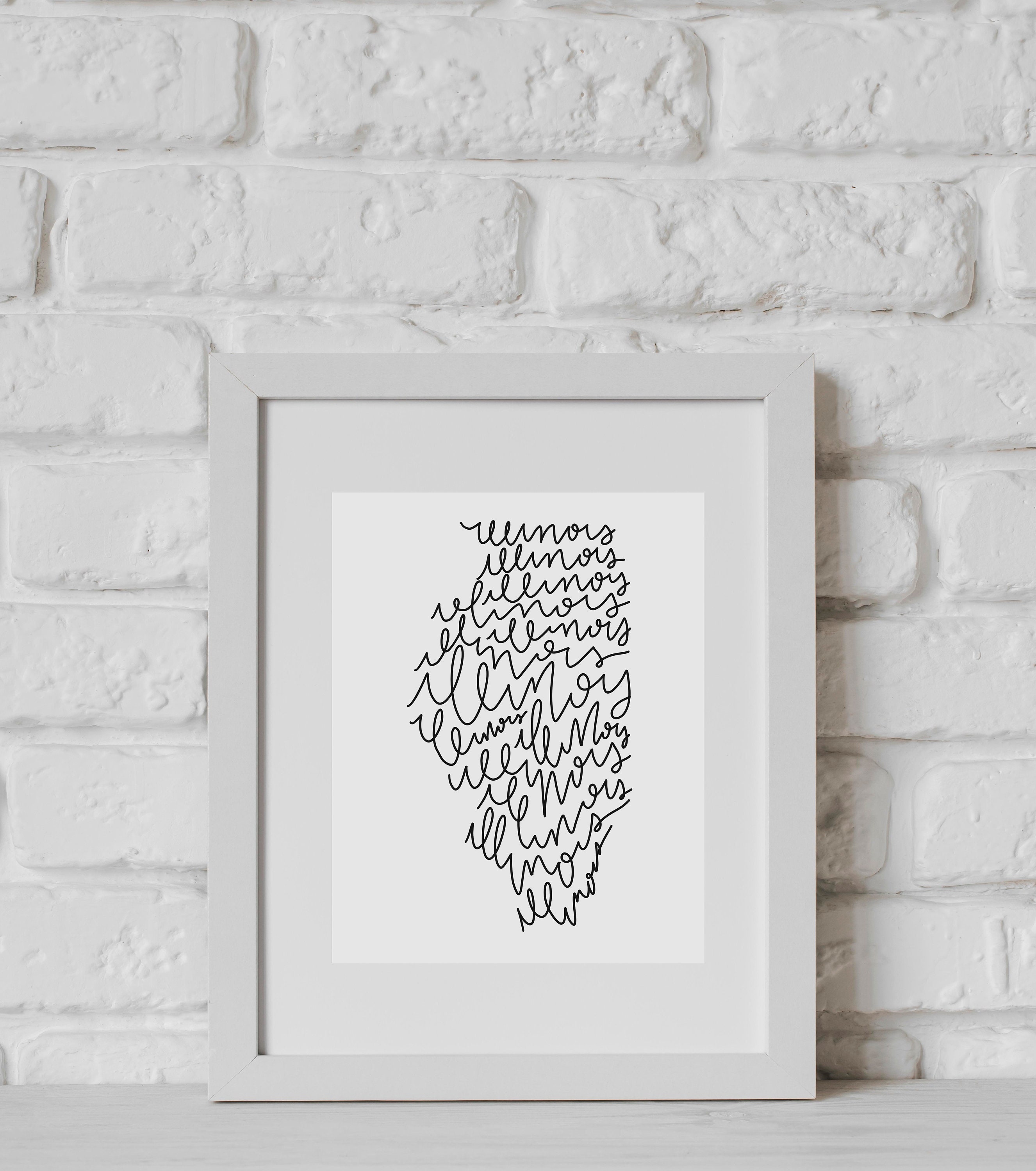 Illinois State Cursive Lettered Print - State Silhouette Collection, IL ...