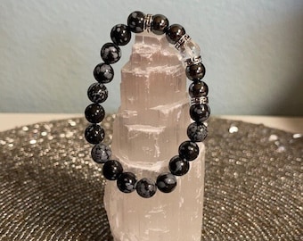Snowflake Obsidian Hematite Clear Quartz Bracelet 8mm 7 inch