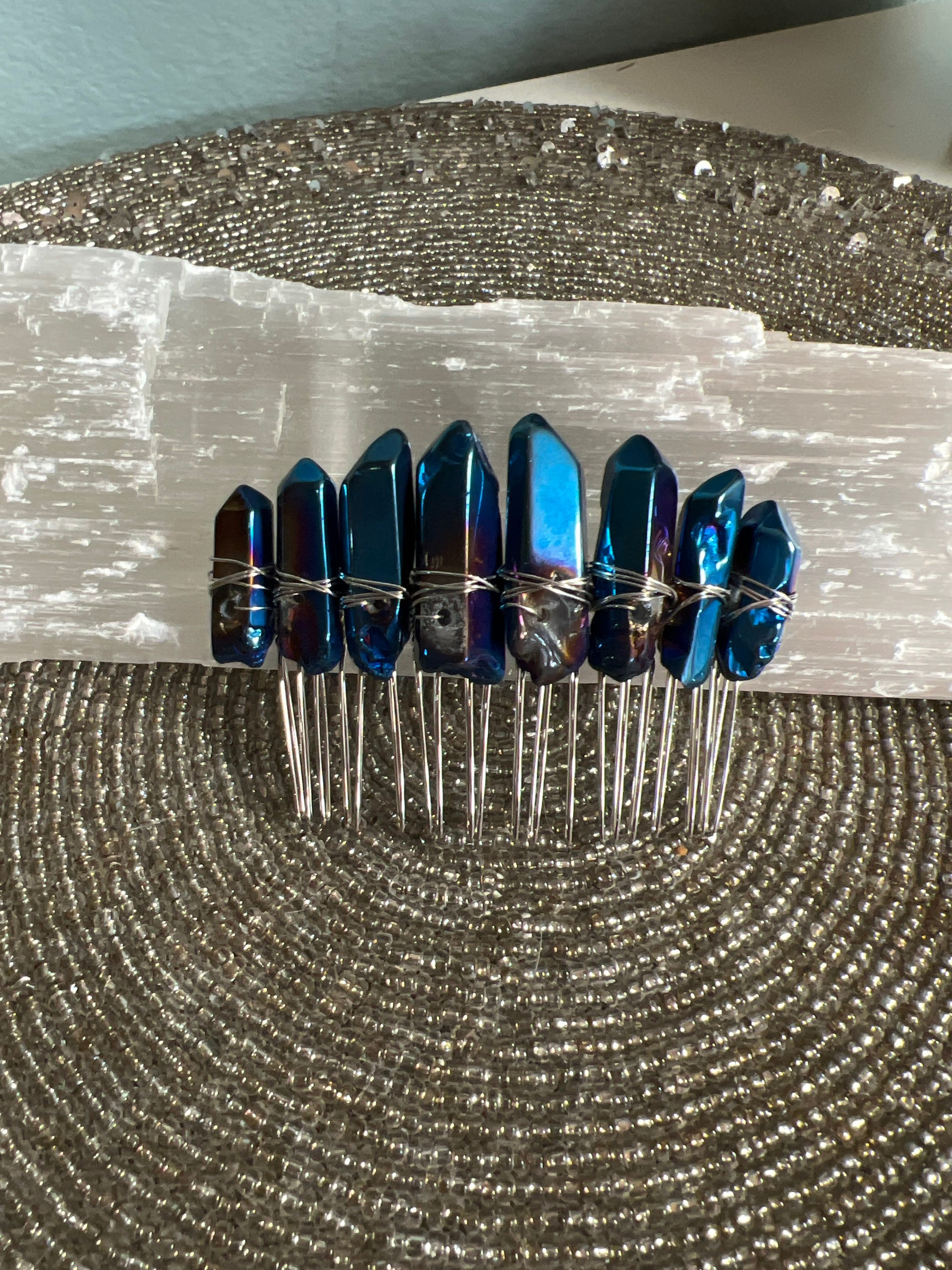 Blue Titanium Aura Quartz Hair Comb Clip Wire Wrapped  display picture 2