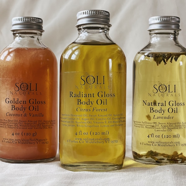 Natural Body Oils: Luxurious- Nourishing- Moisturizing- Quick Absorbing Body Oil- Lavender- Coconut & Vanilla Shimmer- Radiant