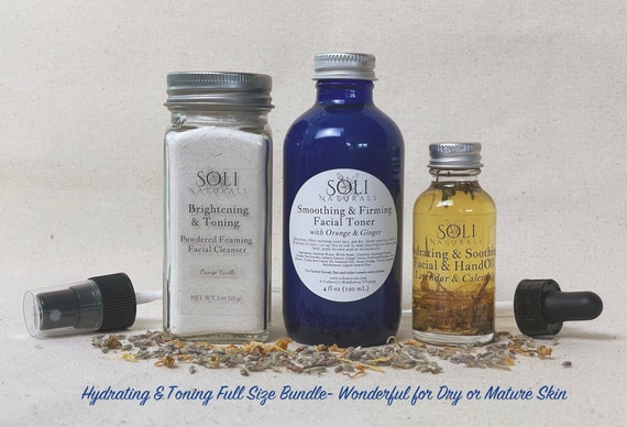 Facial Care Routine -Full or Travel/Trial Size Set: Powdered Cleanser - Toner - Facial Oil - Healing, Fresh, Hydrating & Toning
