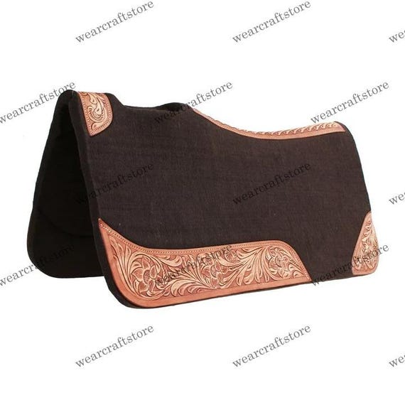 Brown Wool Felt Western Saddle Pad Hand-Tooled Leather Accents for Horse Riding
