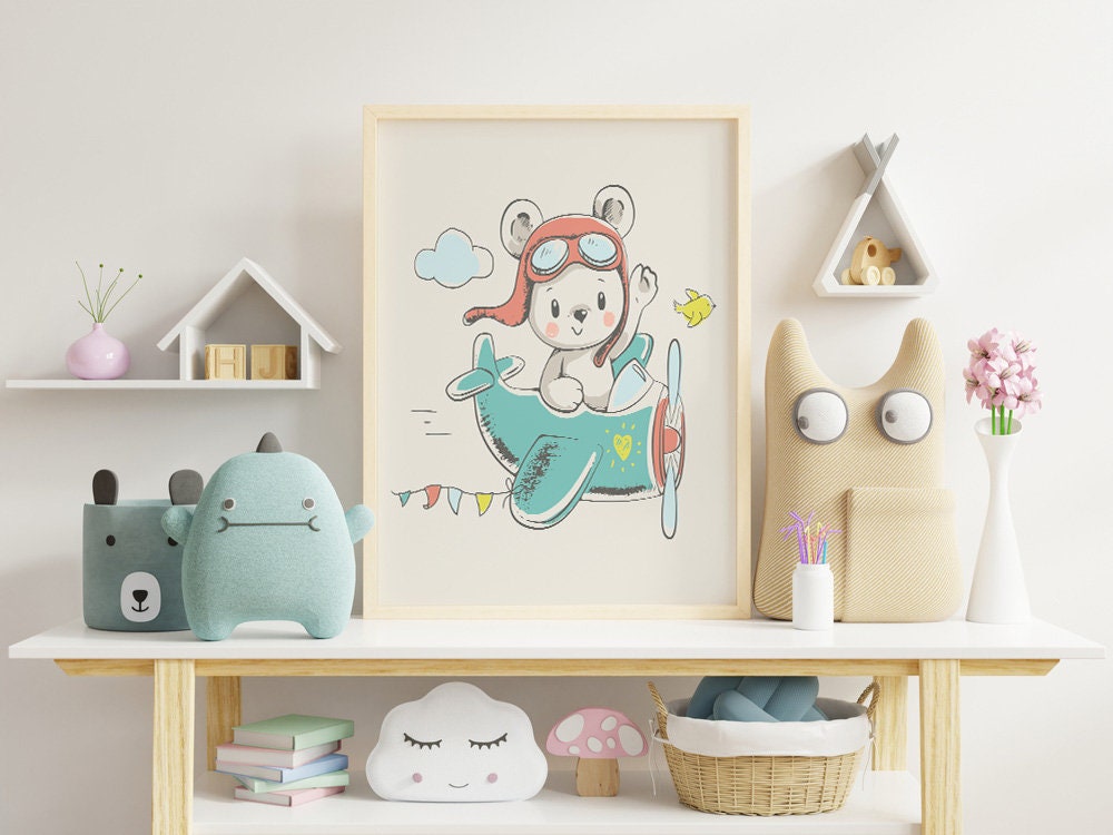 Süßer Bär fliegend im Flugzeug Kinderzimmer WandKunst Dekor | Etsy
