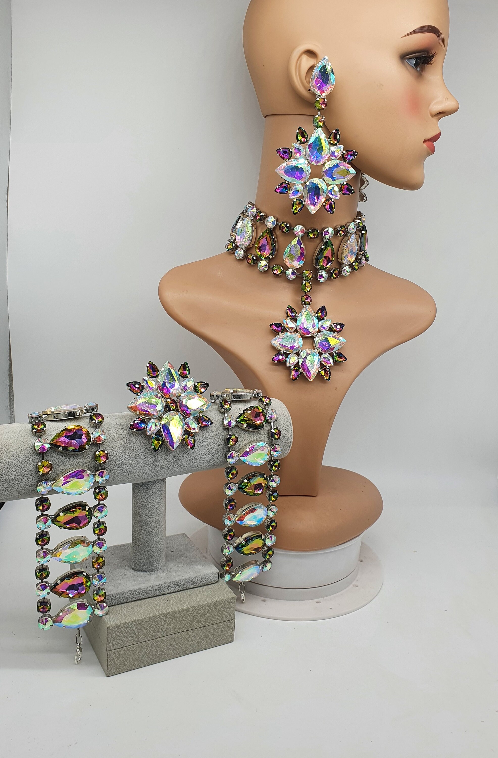 Drag queen jewellery complete set petrol and ab necklace Etsy