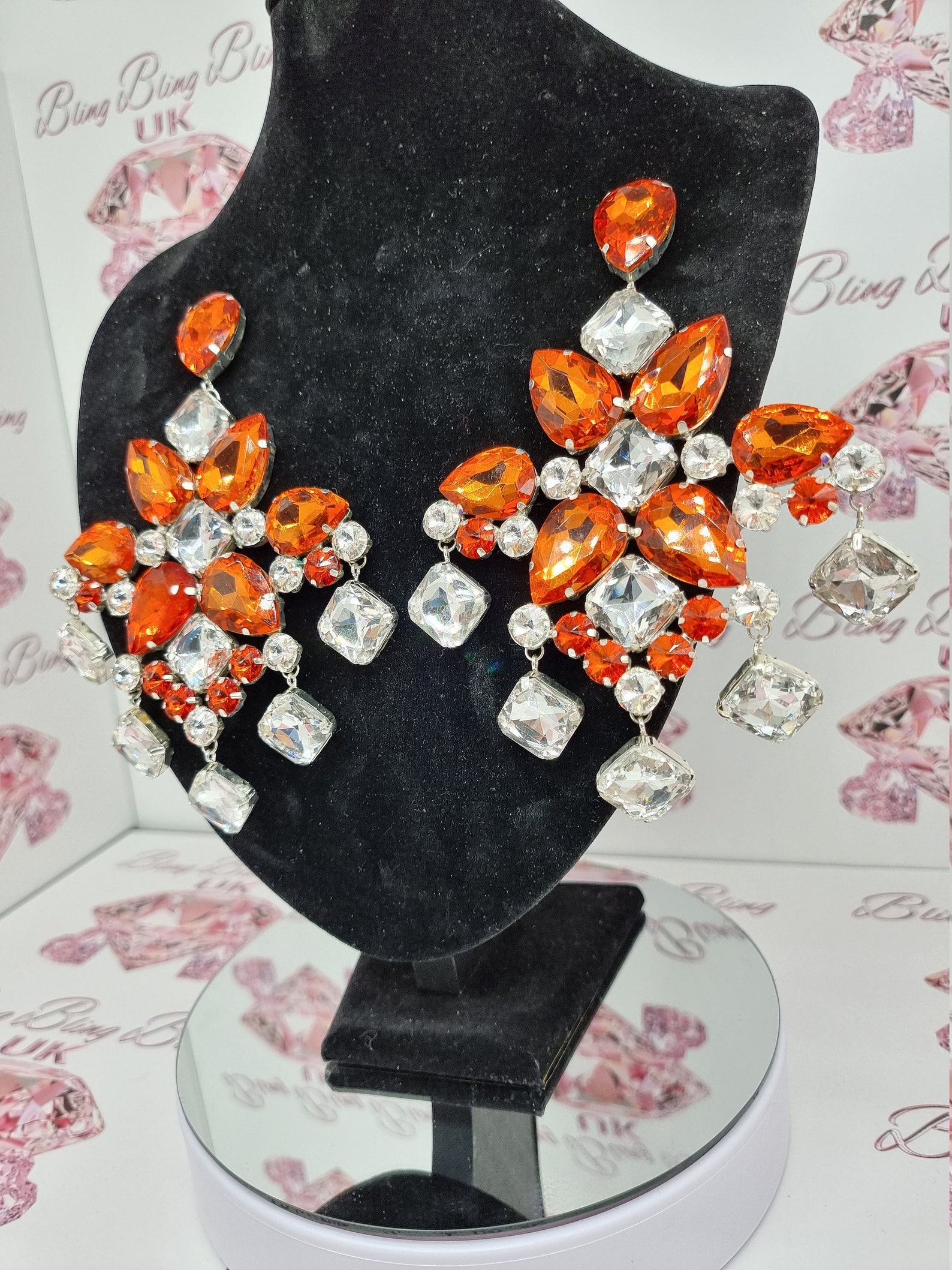 Drag queen jewellery XL orange and clear earrings Etsy