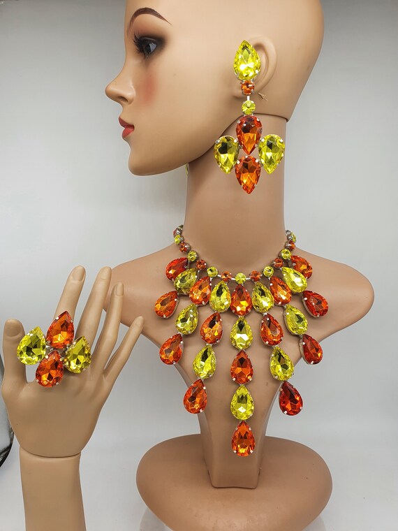 Drag queen jewellery orange and yellow set earring necklace | Etsy