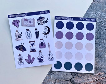 May include: Two sheets of stickers. The first sheet has a purple, blue, and white color scheme and features illustrations of a book, a mushroom, a candle, a bottle, a moth, an hourglass, a crystal, and a crescent moon. The second sheet has a purple, blue, and white color scheme and features 16 circles of varying sizes and shades of purple, blue, and white.