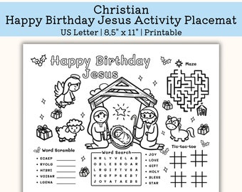 Printable Happy Birthday Jesus Activity Placemat, Merry Christmas, Kindergarten Worksheet, toddler Activity for Children, pre k, US Letter