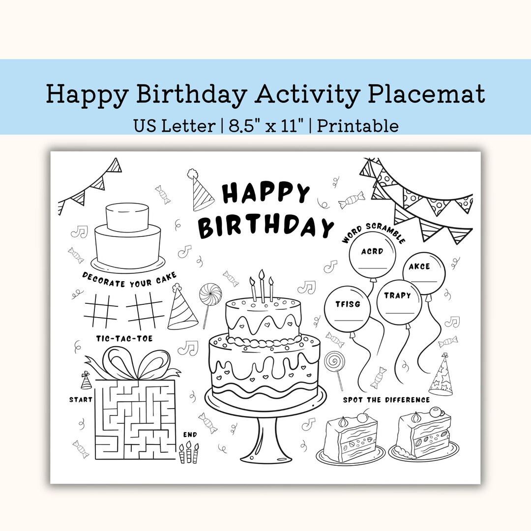 Printable Video Game Birthday Activity Placemat, Kindergarten Worksheet ...