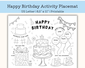 Printable Video Game Birthday Activity Placemat, Kindergarten Worksheet, toddler Activity for Children, pre k PDF, US Letter