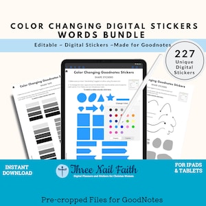 May include: A digital planner sticker bundle for Goodnotes with 227 unique colour-changing stickers. The stickers include shapes, washi tape, and arrows. The stickers are pre-cropped and ready to use in Goodnotes.