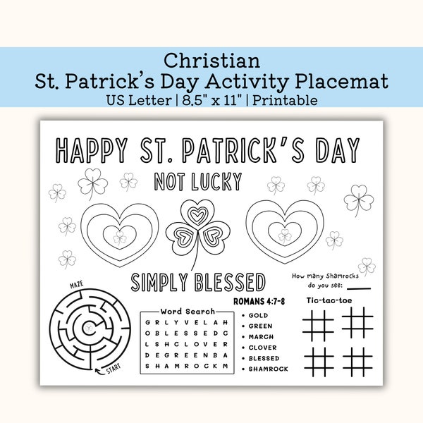 Printable Christian St. Patrick's Day Activity Mat, Kindergarten Worksheet, toddler St. Patrick Activity for Children, pre k PDF, US Letter