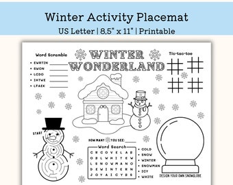 Printable Winter Wonderland Activity Placemat, Kindergarten Worksheet, toddler Activity for Children, pre k, US Letter