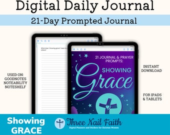 Puede incluir: Un diario digital para iPads y tabletas con una portada morada, azul y blanca con el texto "Showing Grace" y una cruz con un corazón. El diario es para 21 días e incluye indicaciones para la oración y la escritura en el diario.