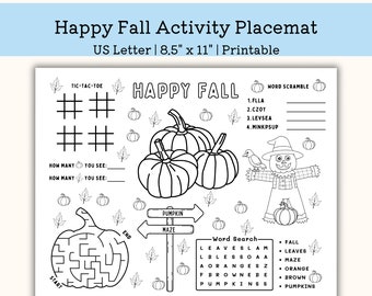 Printable Happy Fall Activity Placemat, Kindergarten Worksheet, toddler Activity for Children, pre k PDF, US Letter