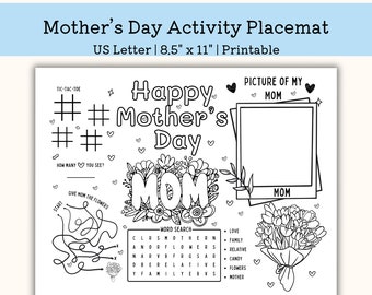 Printable Mother's Day Activity Placemat, Kindergarten Worksheet, toddler Easter Activity for Children, pre k PDF, US Letter