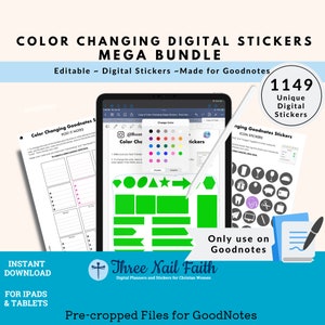 May include: A digital sticker bundle for Goodnotes app with 1149 unique color-changing stickers. The image shows a tablet screen with a green sticker and a color palette. The text "Color Changing Goodnotes Stickers" is visible on the screen. The text "Only use on Goodnotes" is visible on the image.