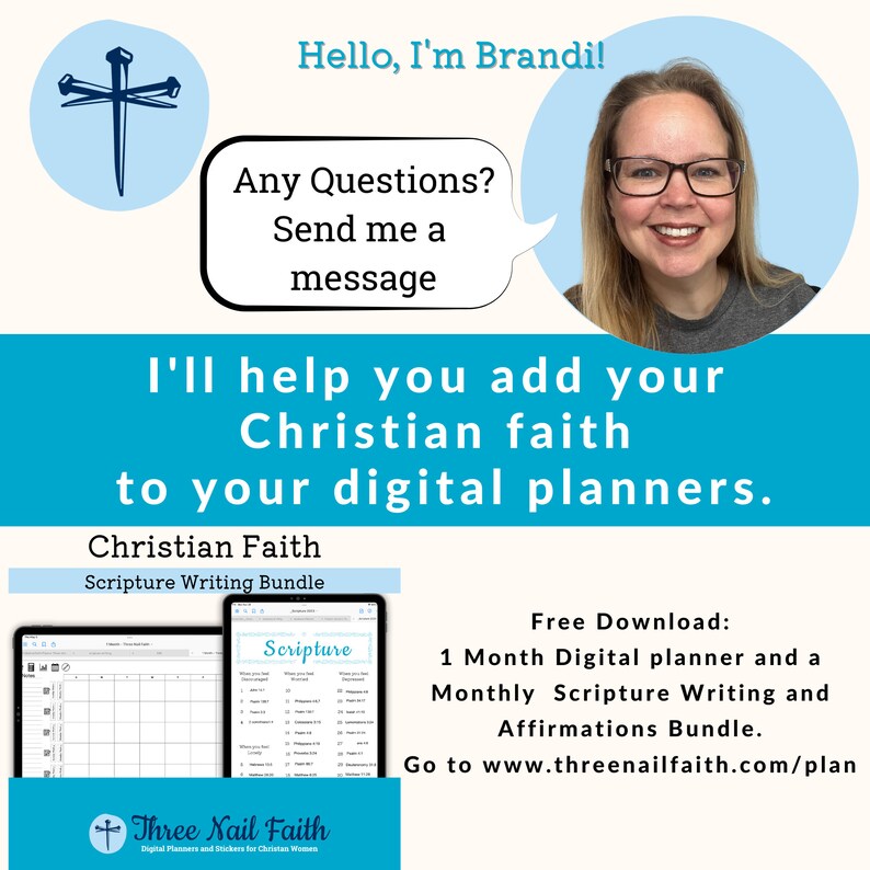 Brandi Reid, Owner of Three Nail Faith. I Create digital planners and stickers for Christian Women so that you can get closer to God. Download the Free scripture bundle. www.threenailfaith.com/plan