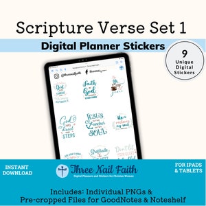 May include: A digital planner sticker set with nine unique designs featuring inspirational bible verses. The stickers are in a variety of colors, including pink, blue, and green. The stickers are designed for use in digital planners and are compatible with GoodNotes and Noteshelf.